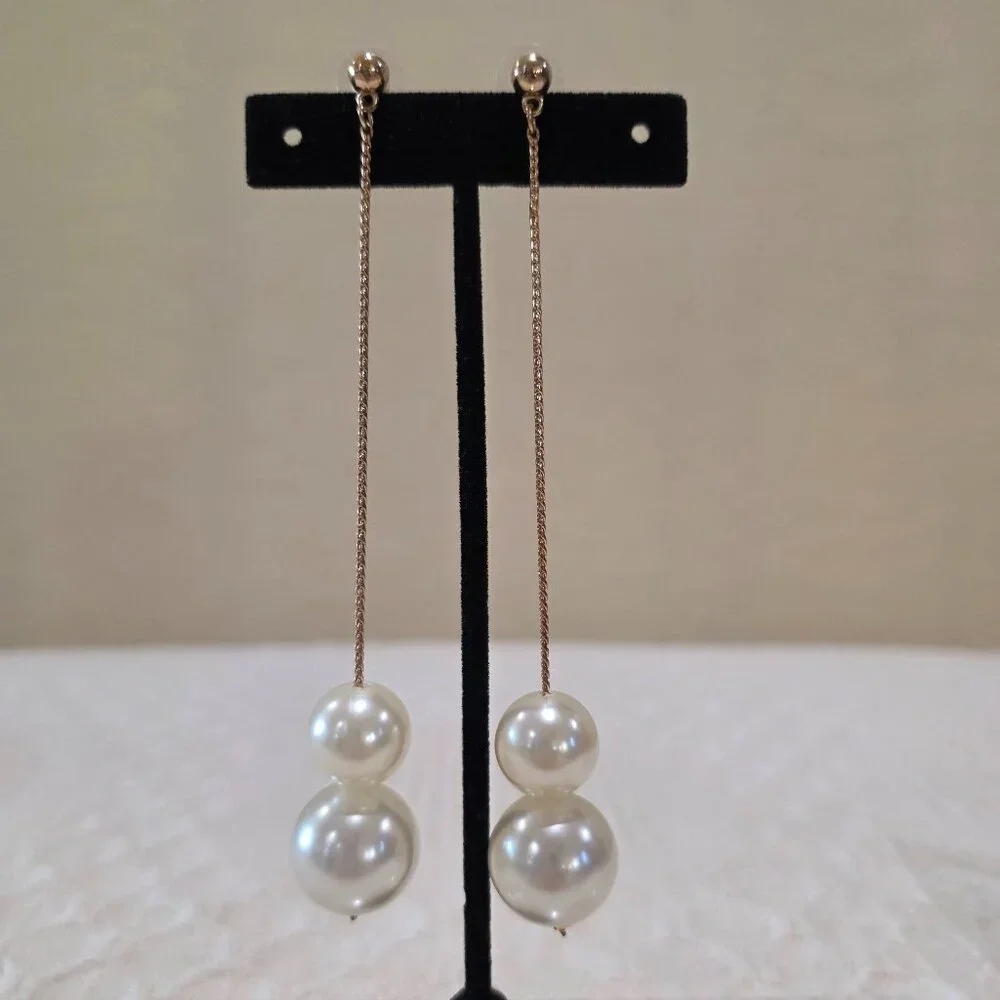 BP Nordstrom Long Two Faux Pearl Gold Chain Dangle Pierced Earrings